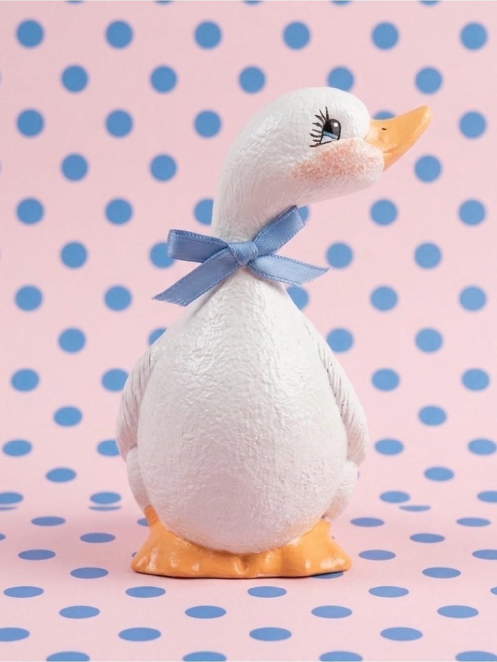 Vintage White Ceramic Duck Figurine with Blue Ribbon Decor